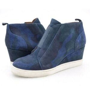 Linea Paolo Size 5M Felicia Blue Green Camo Suede Wedge High Heel Ankle Boots